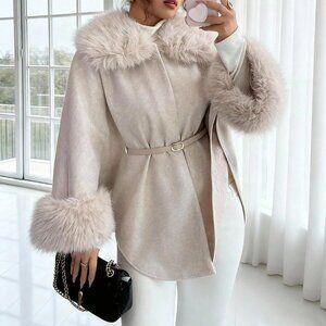Apricot Elegant Women's Waist Cape with Faux Fur Collar